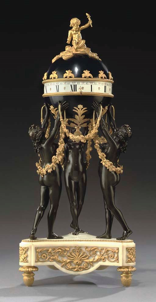 A LOUIS XVI STYLE ORMOLU, PATINATED BRONZE, BLUED METAL AND CARRARA MARBLE PENDULE 'A CERCLE TOURNANT'