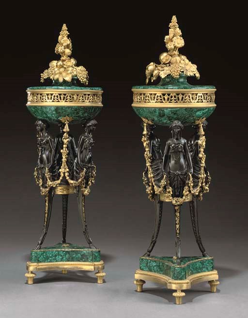 A PAIR OF LOUIS XVI STYLE ORMOLU, PATINATED BRONZE AND MALACHITE BRULE-PARFUMS
