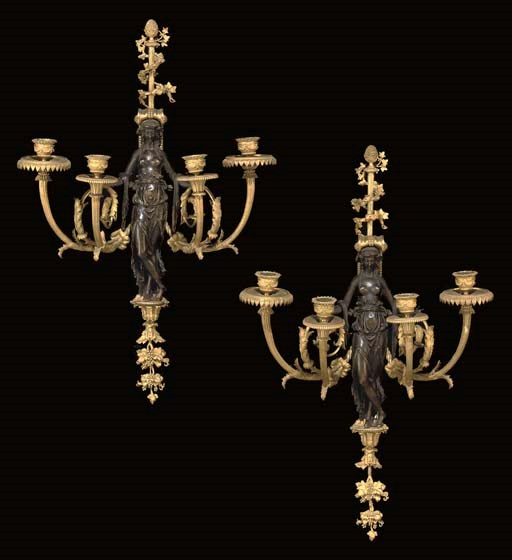 A FINE PAIR OF LOUIS XVI STYLE ORMOLU AND PATINATED BRONZE FOUR-LIGHT WALL-APPLIQUES