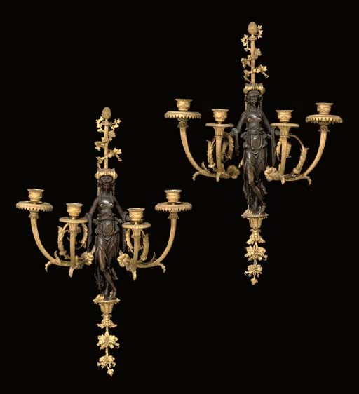 A FINE PAIR OF LOUIS XVI STYLE ORMOLU AND PATINATED BRONZE FOUR-LIGHT WALL-APPLIQUES