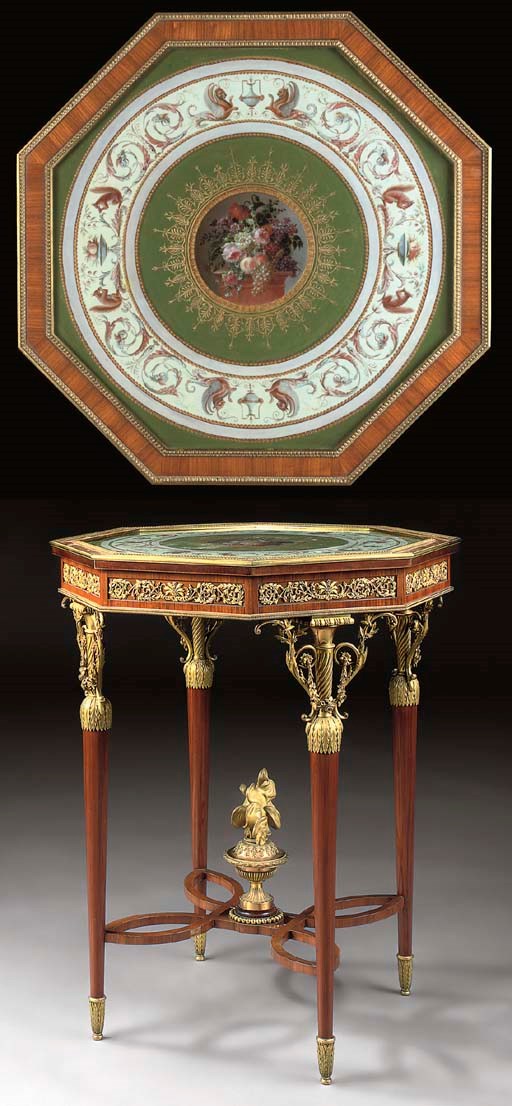 A FINE LOUIS XVI STYLE ORMOLU, MAHOGANY AND GOUACHE GUERIDON