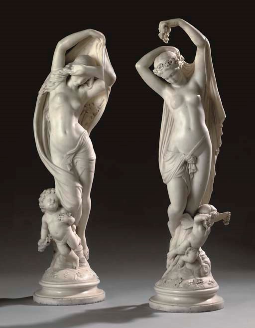 A PAIR OF ITALIAN WHITE MARBLE FIGURES EMBLEMATIC OF NIGHT AND DAY