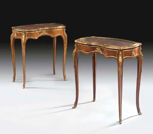 A PAIR OF LOUIS XV STYLE ORMOLU-MOUNTED TULIPWOOD VITRINE-TABLES