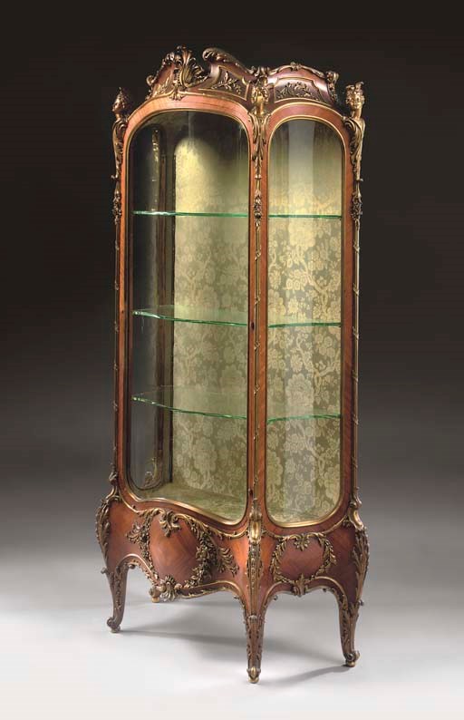 A LOUIS XV STYLE ORMOLU-MOUNTED TULIPWOOD BOMBE VITRINE