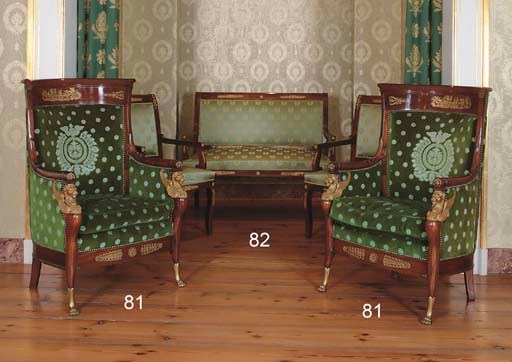 AN EMPIRE STYLE ORMOLU-MOUNTED MAHOGANY THREE-PIECE SALON SUITE