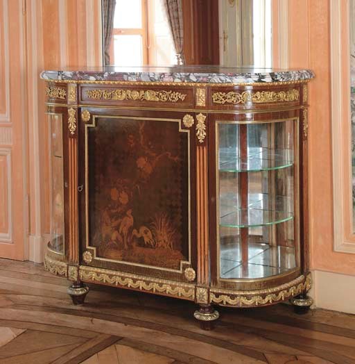A LOUIS XVI STYLE ORMOLU-MOUNTED AMARANTH, MARQUETRY AND PARQUETRY DISPLAY-CABINET