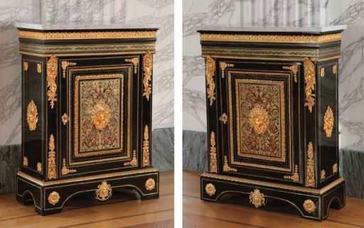 A PAIR OF NAPOLEON III ORMOLU-MOUNTED CUT BRASS AND TORTOISESHELL-INLAID EBONISED 'BOULLE' SIDE-CABINETS