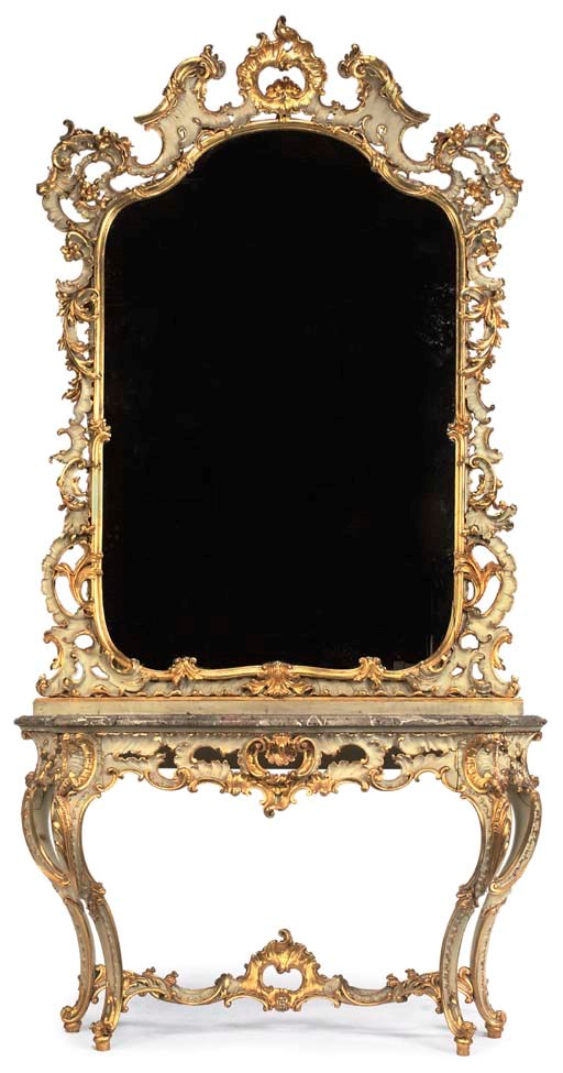 A ROCOCO STYLE PARCEL-GILT AND GREY-PAINTED CONSOLE TABLE AND MIRROR