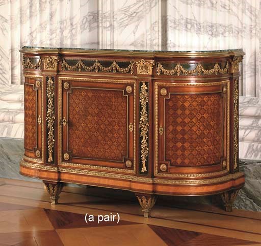A FINE PAIR OF LOUIS XVI STYLE ORMOLU-MOUNTED AMARANTH, MAHOGANY AND PARQUETRY SIDE-CABINETS