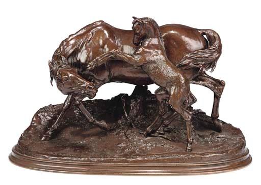 A FRENCH BRONZE EQUESTRIAN GROUP ENTITLED 'JUMENT ARABE ET SON POULAIN'
