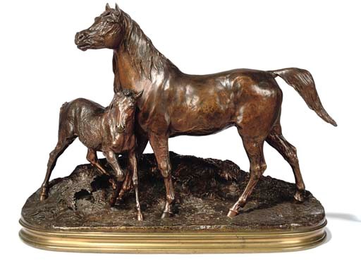 A FRENCH BRONZE EQUESTRIAN GROUP ENTITLED 'JUMENT NORMANDE ET SON POULAIN'