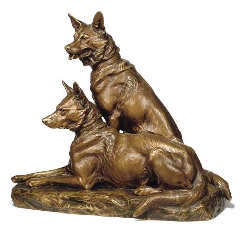 A FRENCH BRONZE GROUP OF TWO GERMAN SHEPHERD-DOGS