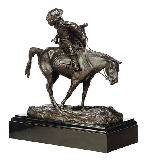 A RUSSIAN BRONZE EQUESTRIAN GROUP OF A TCHERKESS
