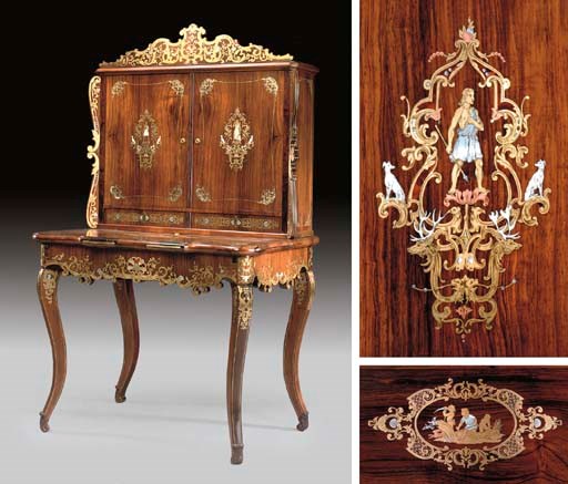A SOUTH GERMAN CUT BRASS, PEWTER, MOTHER-OF-PEARL, IVORY AND TORTOISESHELL-INLAID ROSEWOOD BONHEUR-DU-JOUR
