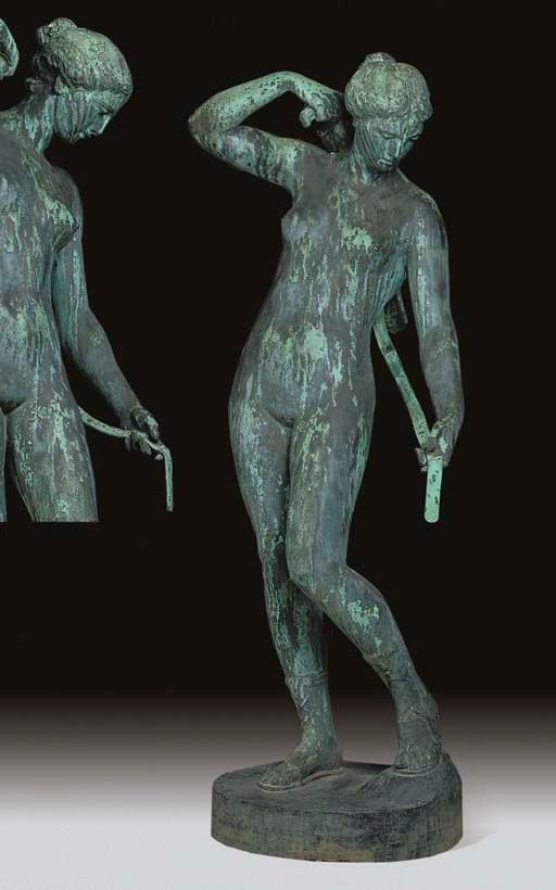 A LIFE-SIZE GERMAN BRONZE FIGURE OF DIANA STRAPPING ON HER QUIVER