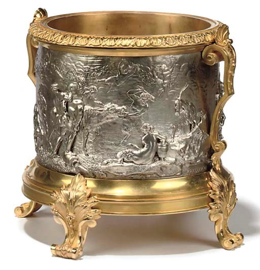A FRENCH SILVERED AND GILT BRONZE JARDINIERE