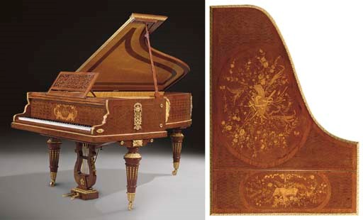 A FINE LOUIS XVI STYLE ORMOLU-MOUNTED AMBOYNA, MAHOGANY, MARQUETRY AND PARQUETRY 'PIANO DEMI QUEUE'