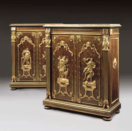 A PAIR OF NAPOLEON III ORMOLU-MOUNTED AND CUT BRASS-INLAID ROSEWOOD AND PARQUETRY MEUBLES D'APPUI