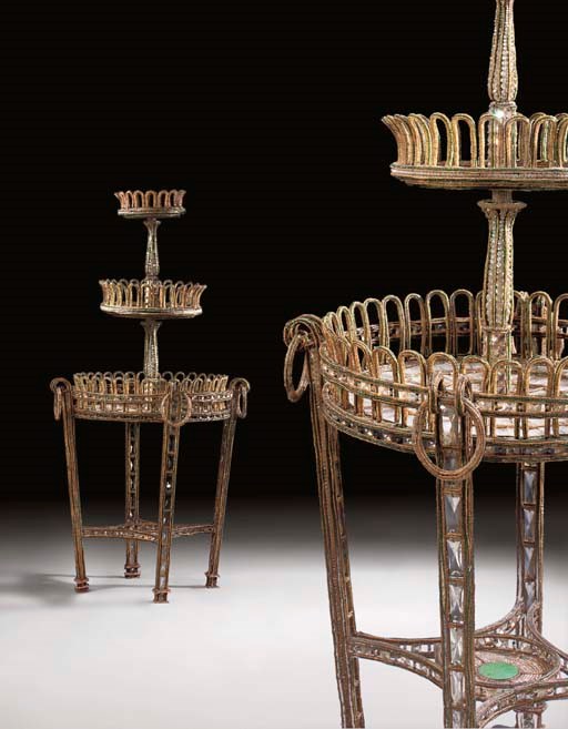 A PAIR OF CONTINENTAL BEADED AND CUT GLASS THREE-TIER ETAGERES
