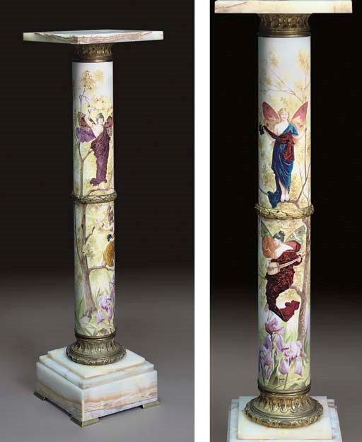A FINE PAIR OF FRENCH ORMOLU-MOUNTED ENAMELLED PORCELAIN AND ONYX PEDESTALS