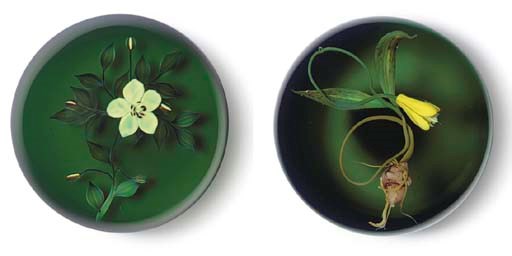 A PAUL STANKARD COLOR GROUND 'MEADOWREATH WEIGHT' AND AN 'EXPERIMENTAL' TROUT LILY WEIGHT