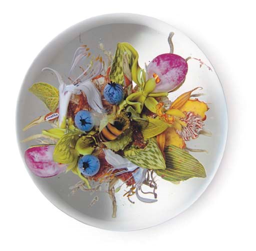 A PAUL STANKARD 'EXPERIMENTAL' LADY SLIPPER, ORCHID, BEE AND 'EARTH SPIRIT' WEIGHT