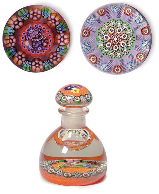 A PAUL YSART COLOR GROUND GARLANDED POSY INKWELL AND STOPPPER