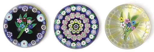 TWO PAUL YSART POSY WEIGHTS AND A CONCENTRIC MILLEFIORI WEIGHT