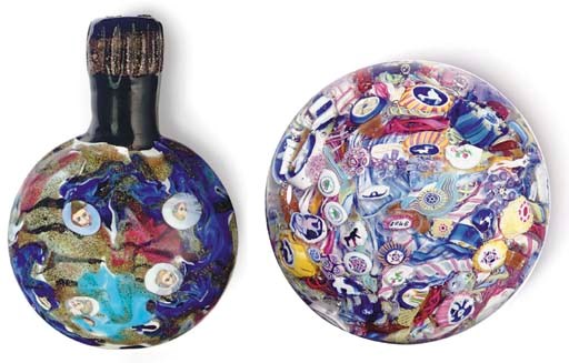 A PIETRO BIGAGLIA SIGNED AND DATED SCRAMBLED MILLEFIORI WEIGHT AND A PIETRO BIGAGLIA SCENT-BOTTLE