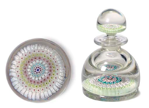 AN ENGLISH CONCENTRIC MILLEFIORI WEIGHT AND A SIMILAR INKWELL AND STOPPER