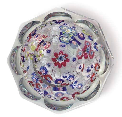 A MAGNUM BOHEMIAN FACETED SPACED MILLEFIORI BALL WEIGHT