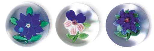 THREE SANDWICH GLASS FLOWER WEIGHTS