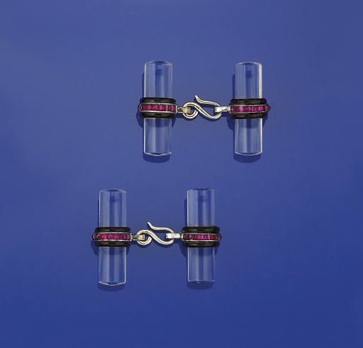 A PAIR OF ROCK CRYSTAL, RUBY AND ENAMEL CUFFLINKS