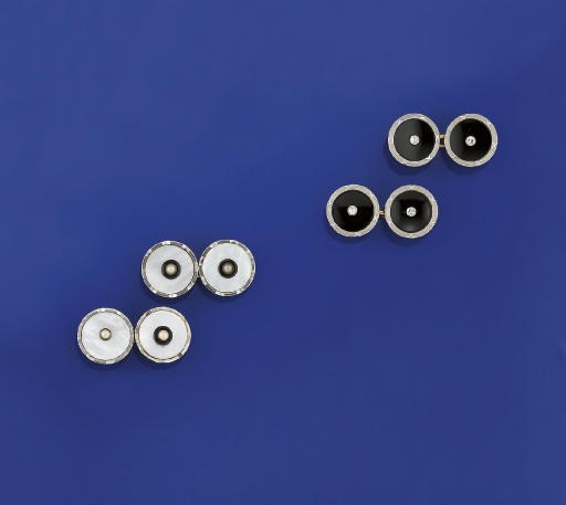 A mother-of-pearl, diamond and onyx dress set and a pair of onyx and diamond cufflinks