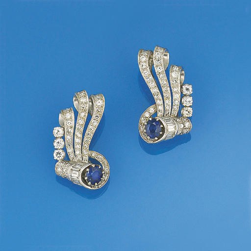 A pair of diamond and sapphire earrings