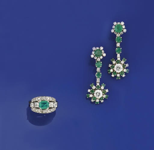 An emerald and diamond ring and earpendants