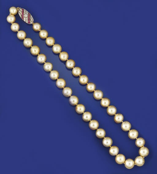 A golden South Sea cultured pearl, diamond and ruby necklace