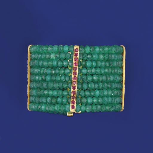 A chalcedony and ruby cuff bracelet