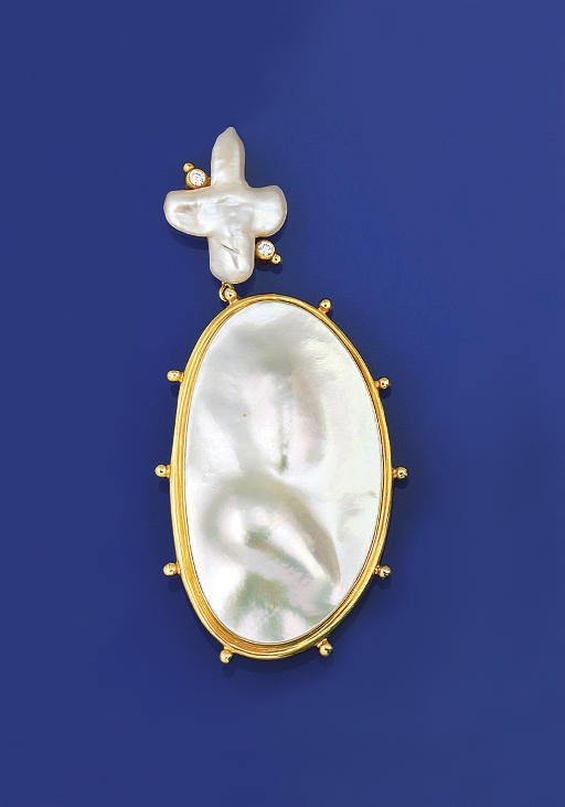 A mother-of-pearl, blister pearl and diamond brooch, by Kai-Yin Lo
