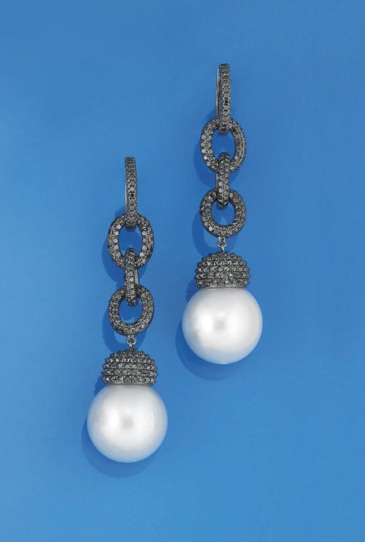 A PAIR OF CULTURED PEARL AND DIAMOND EARPENDANTS