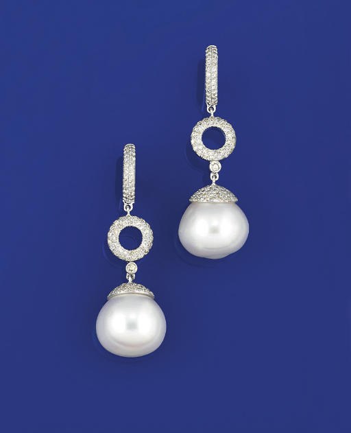 A PAIR OF CULTURED PEARL AND DIAMOND EARPENDANTS