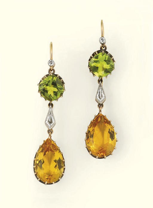 A pair of diamond, yellow beryl and peridot earpendants