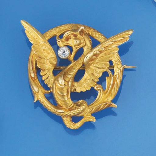 A LATE 19TH CENTURY FRENCH GOTHIC REVIVAL GOLD AND DIAMOND BROOCH