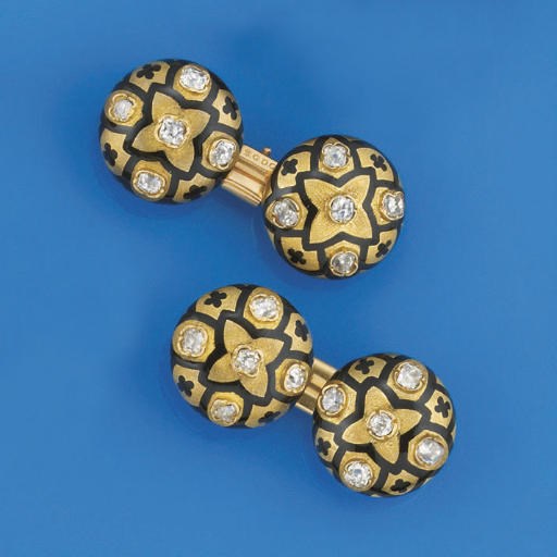 A PAIR OF DIAMOND AND ENAMEL CUFFLINKS