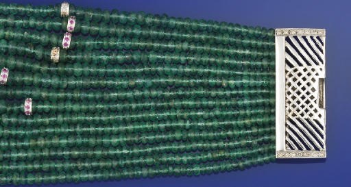 An emerald, pink sapphire and diamond necklace
