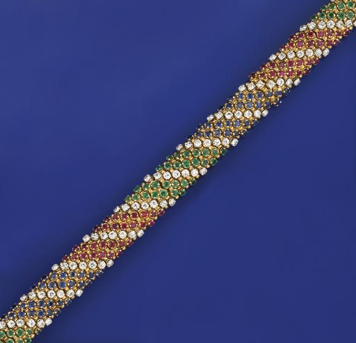 A ruby, sapphire, emerald, and diamond bracelet