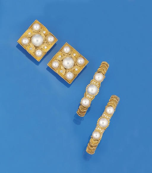 A pair of mabé and cultured pearl and diamond bangles, and a pair of matching earpendants
