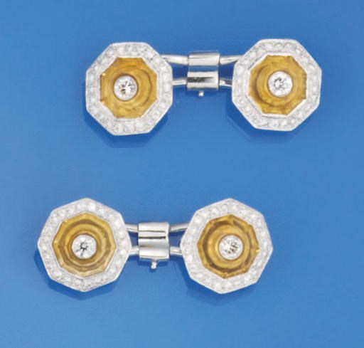 A pair of citrine and diamond cufflinks