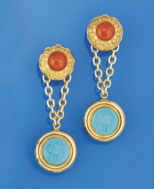 A pair of coral and turquoise earpendants