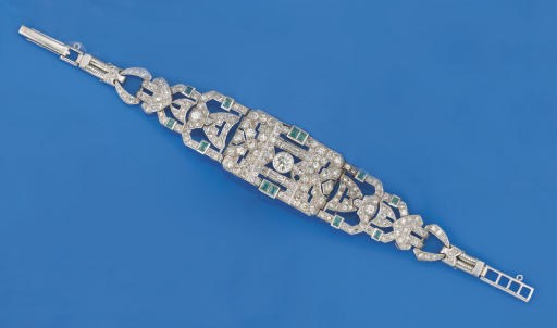 An Art Deco diamond and emerald bracelet